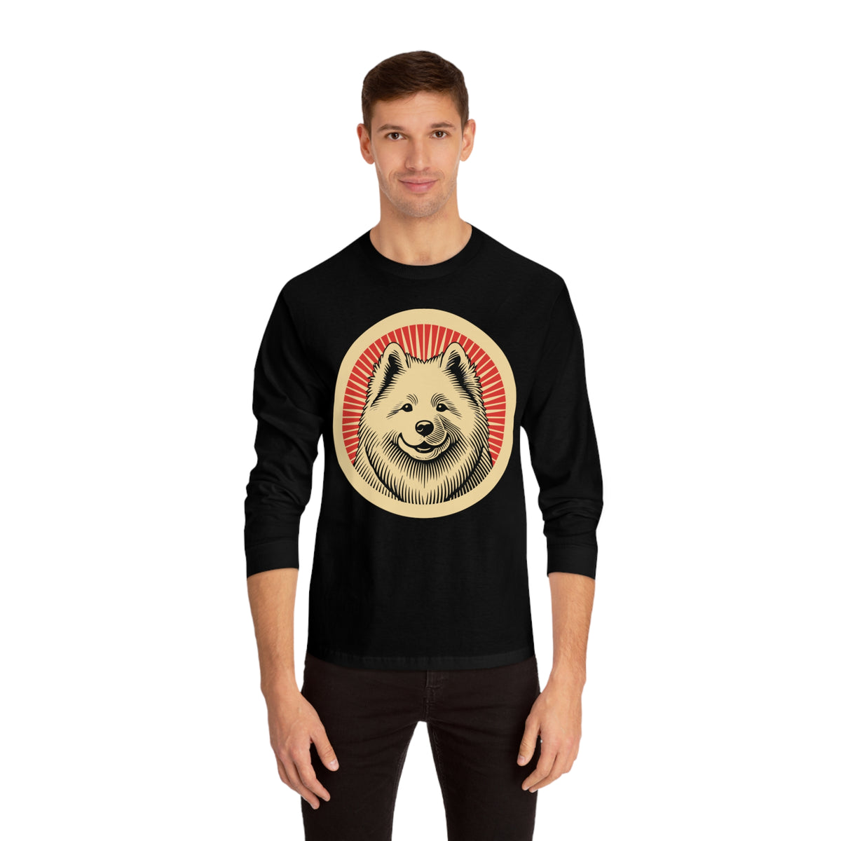 Samoyed badge art in a ring of red rays on a long-sleeve tee