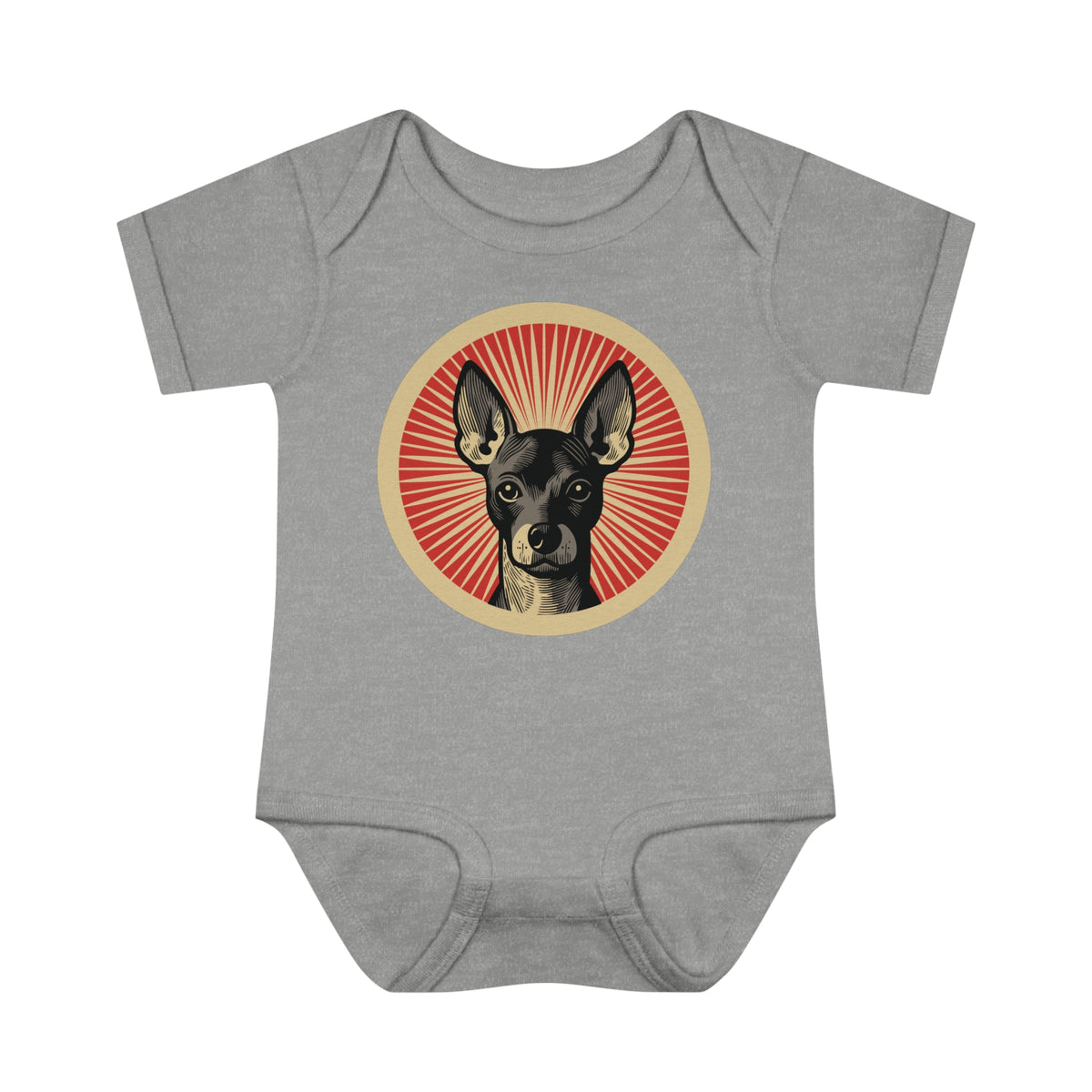 Xoloitzcuintle badge art in a ring of red rays on a baby bodysuit