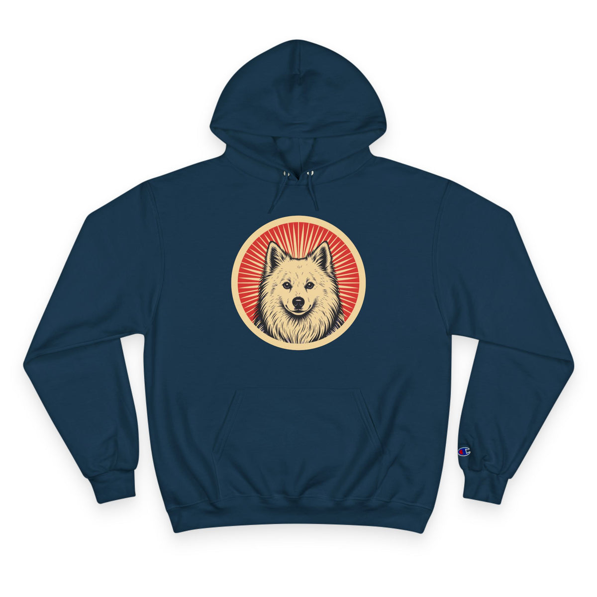 American Eskimo Dog badge art in a ring of red rays on a champion hoodie