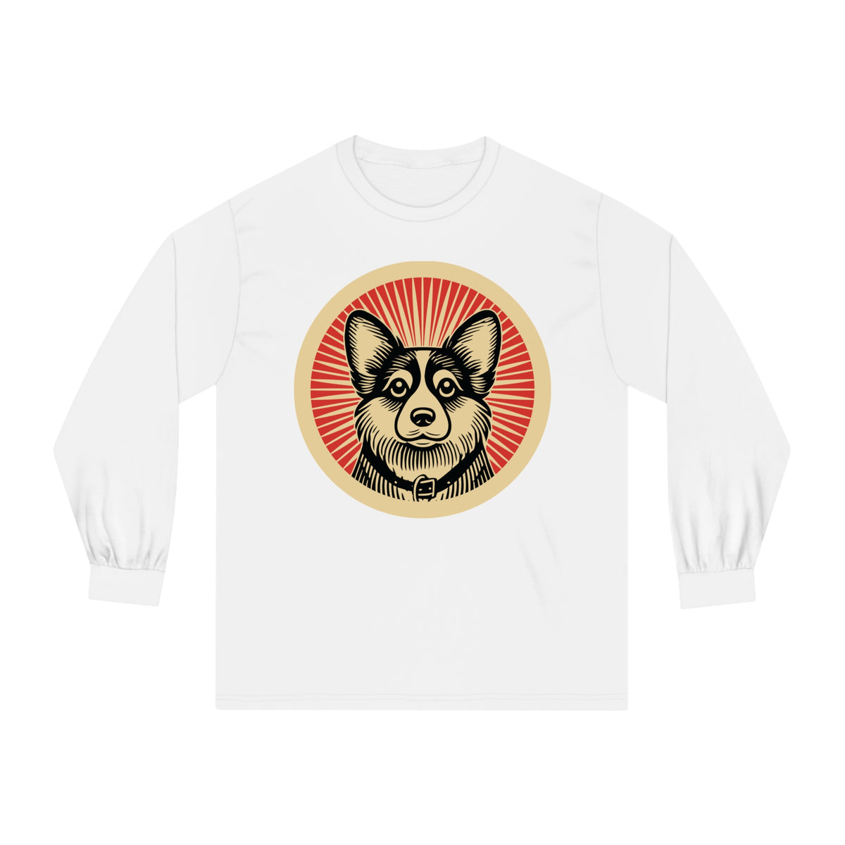 Corgipoo badge art in a ring of red rays on a long-sleeve tee