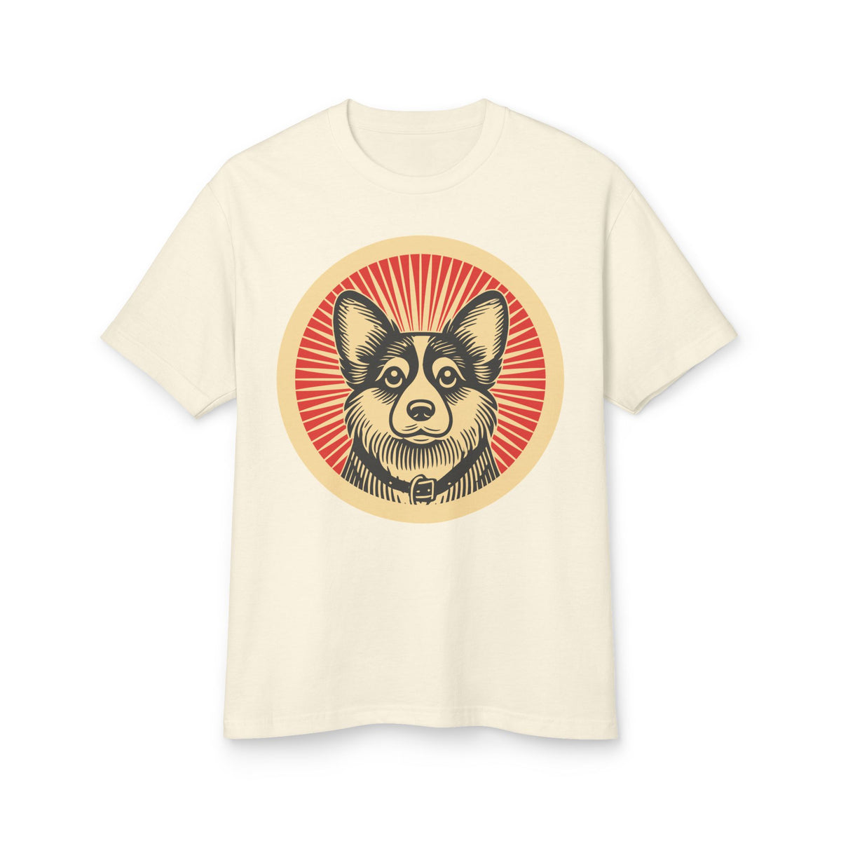 Corgipoo badge art in a ring of red rays on a heavyweight tee