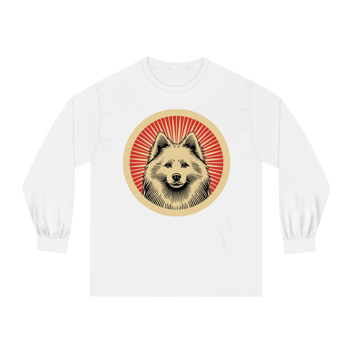 American Eskimo Dog badge art in a ring of red rays on a long-sleeve tee