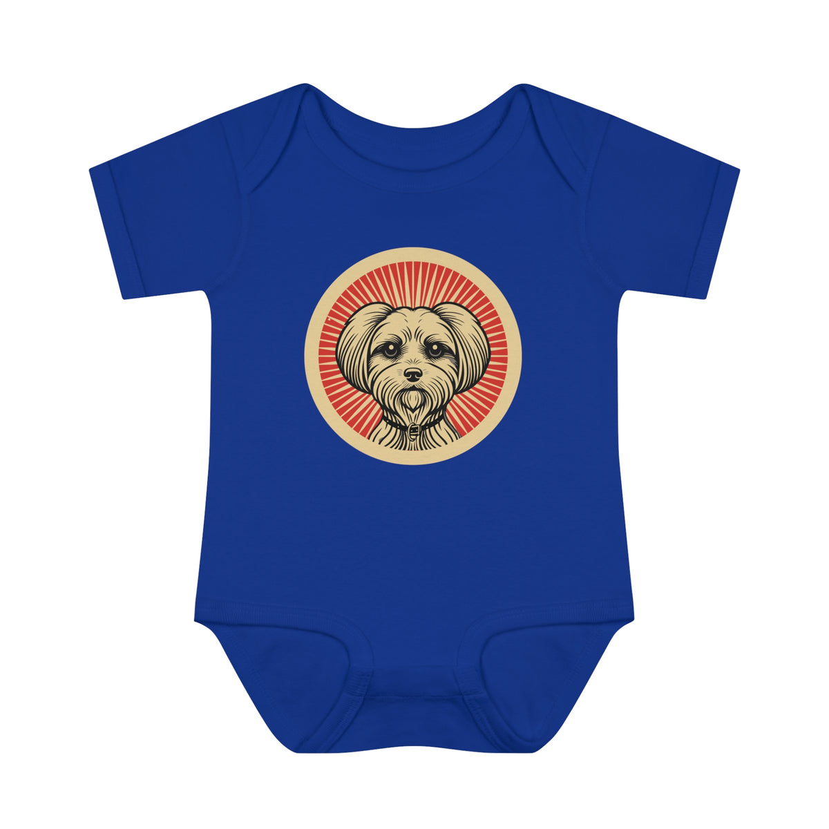 Maltese badge art in a ring of red rays on a baby bodysuit