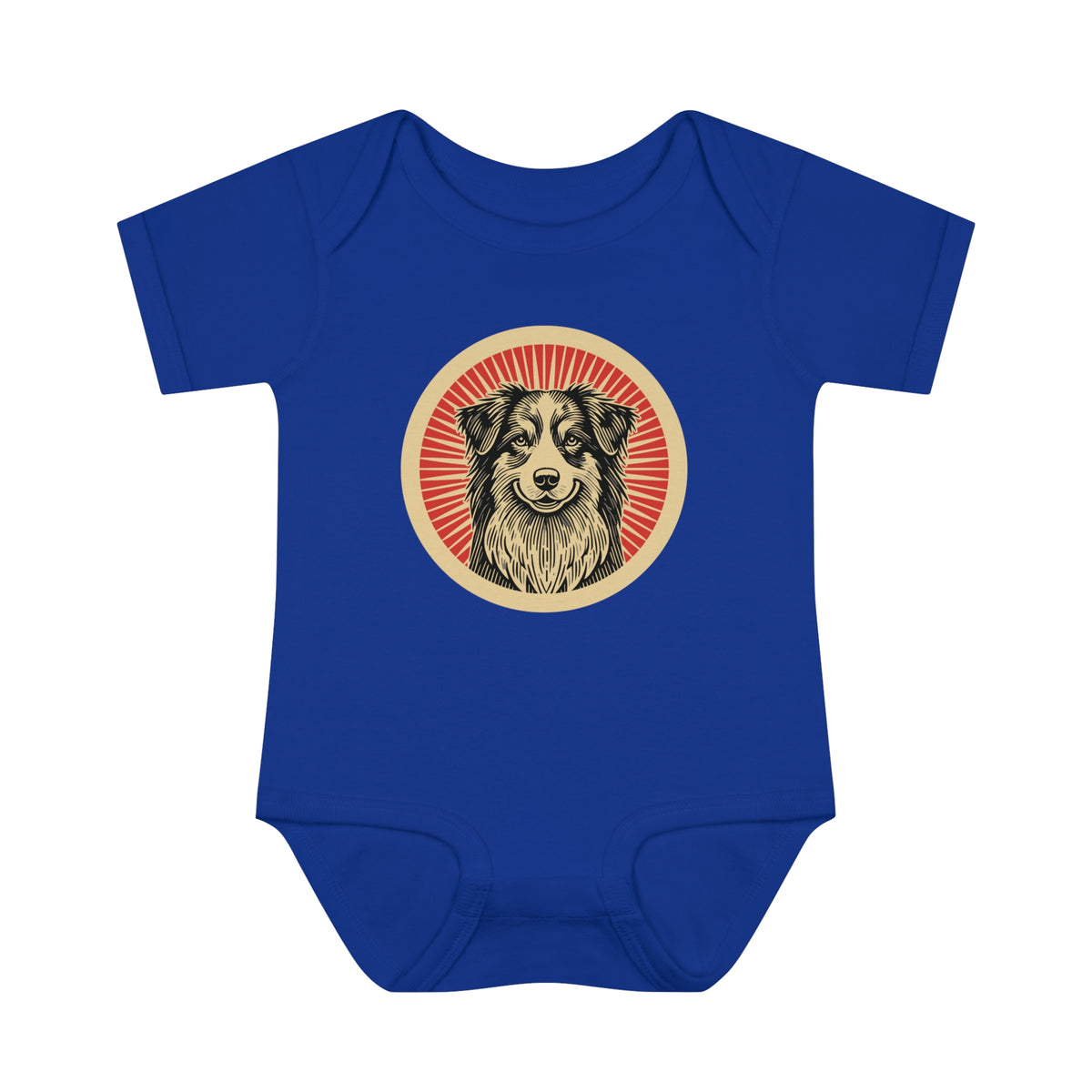 Australian Shepherd badge art in a ring of red rays on a baby bodysuit