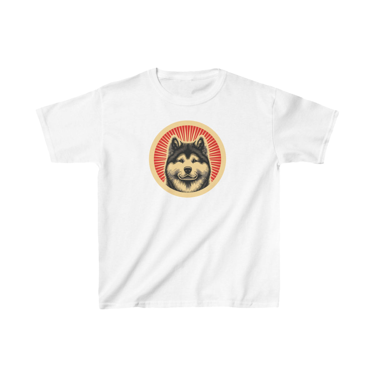 Akita badge art in a ring of red rays on a kids' tee