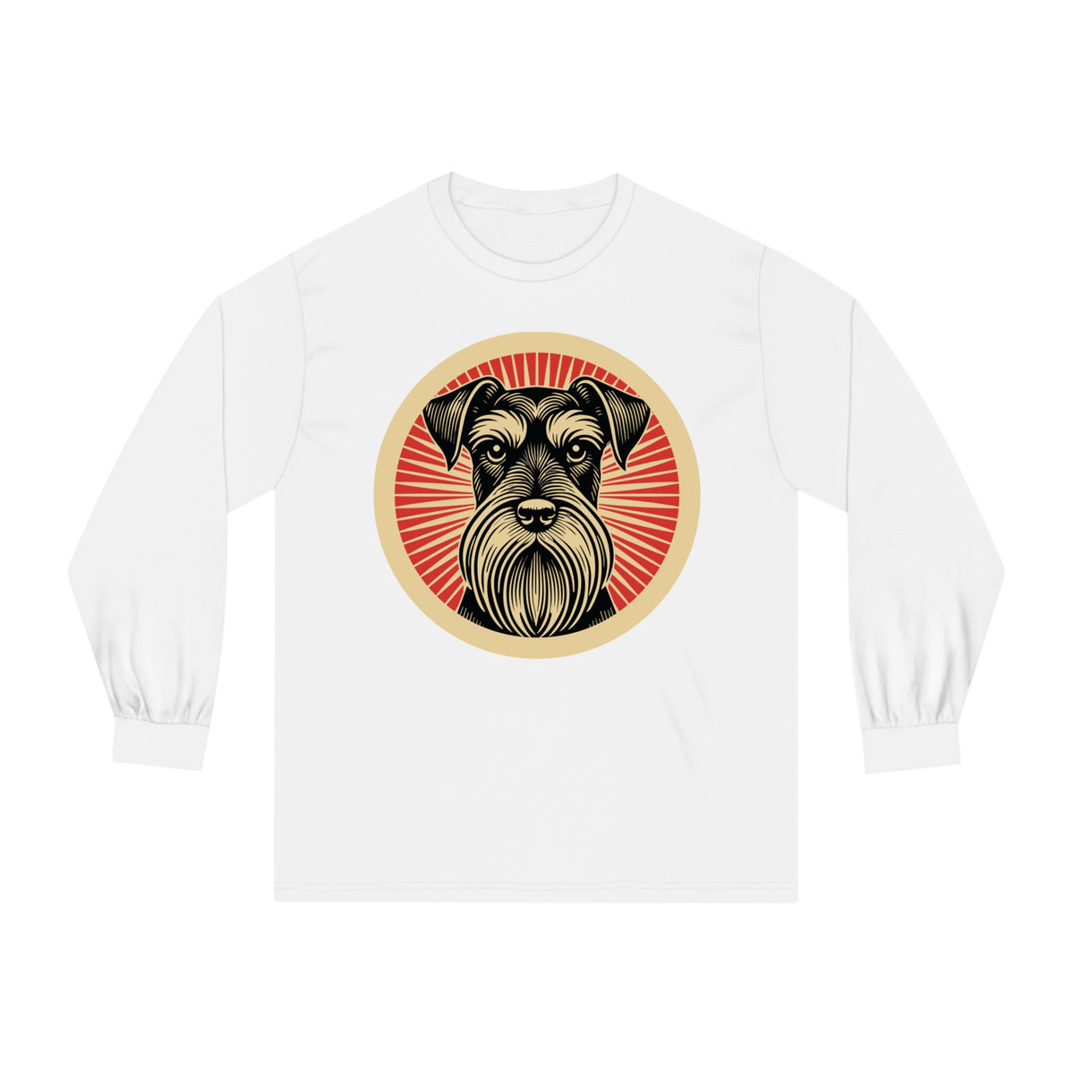 Standard Schnauzer badge art in a ring of red rays on a long-sleeve tee