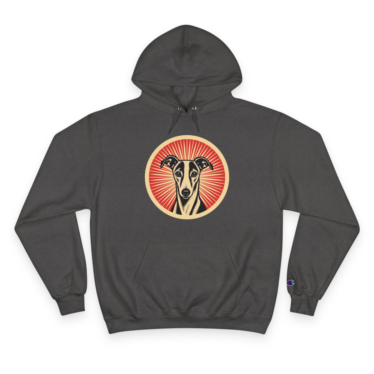 Whippet badge art in a ring of red rays on a champion hoodie