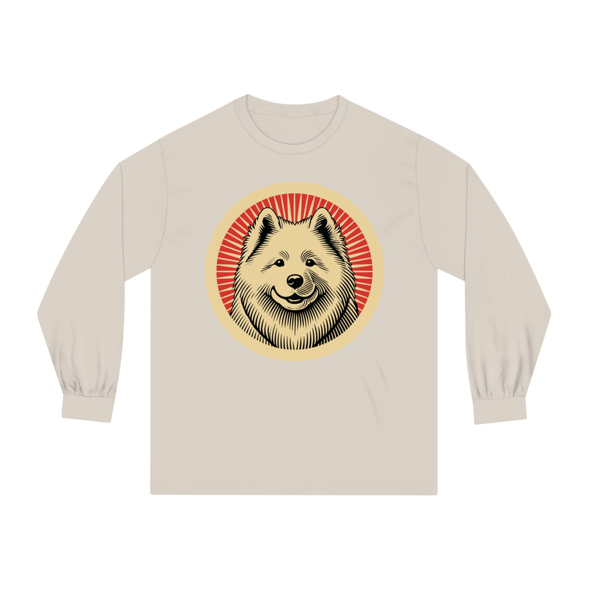 Samoyed badge art in a ring of red rays on a long-sleeve tee