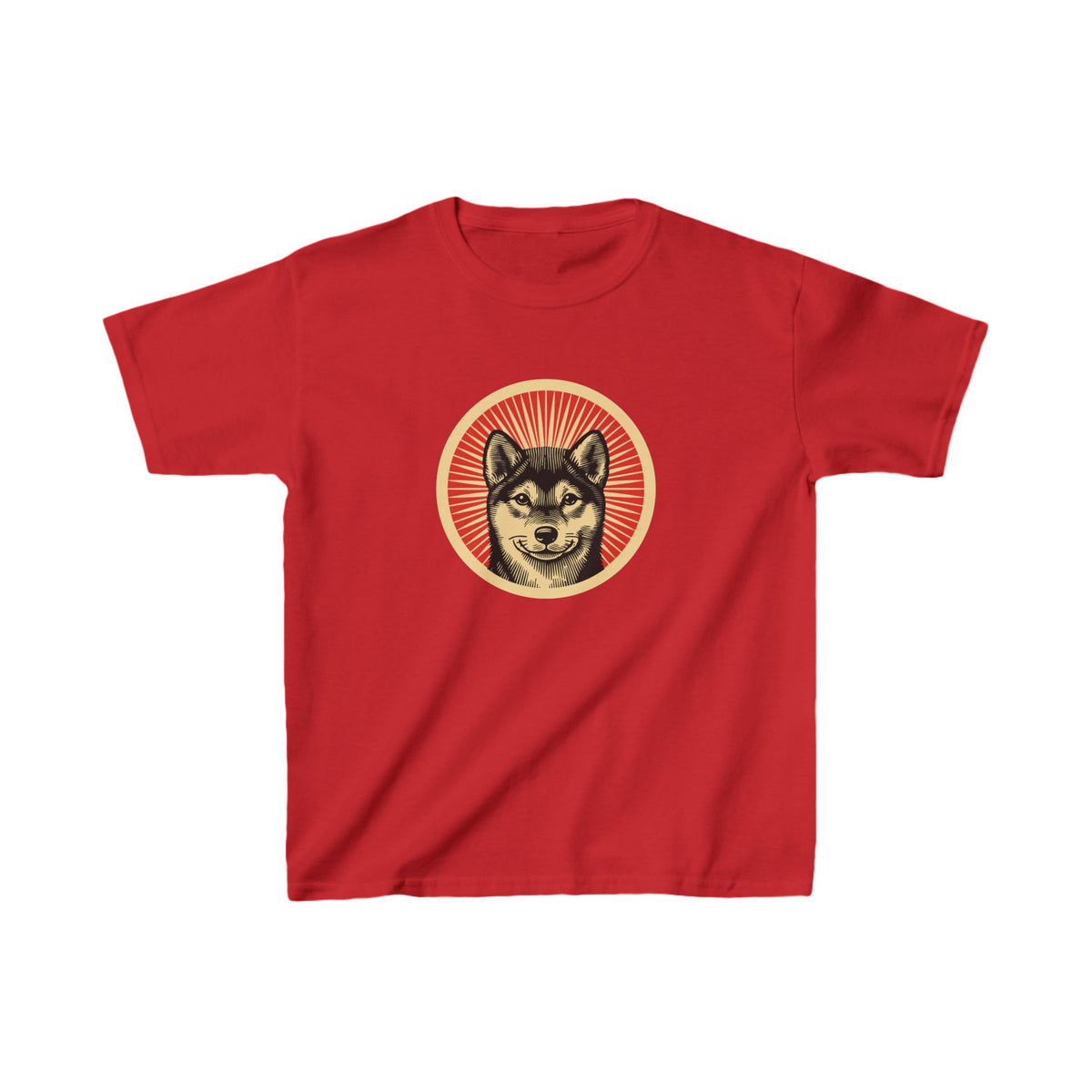 Shiba Inu badge art in a ring of red rays on a kids' tee