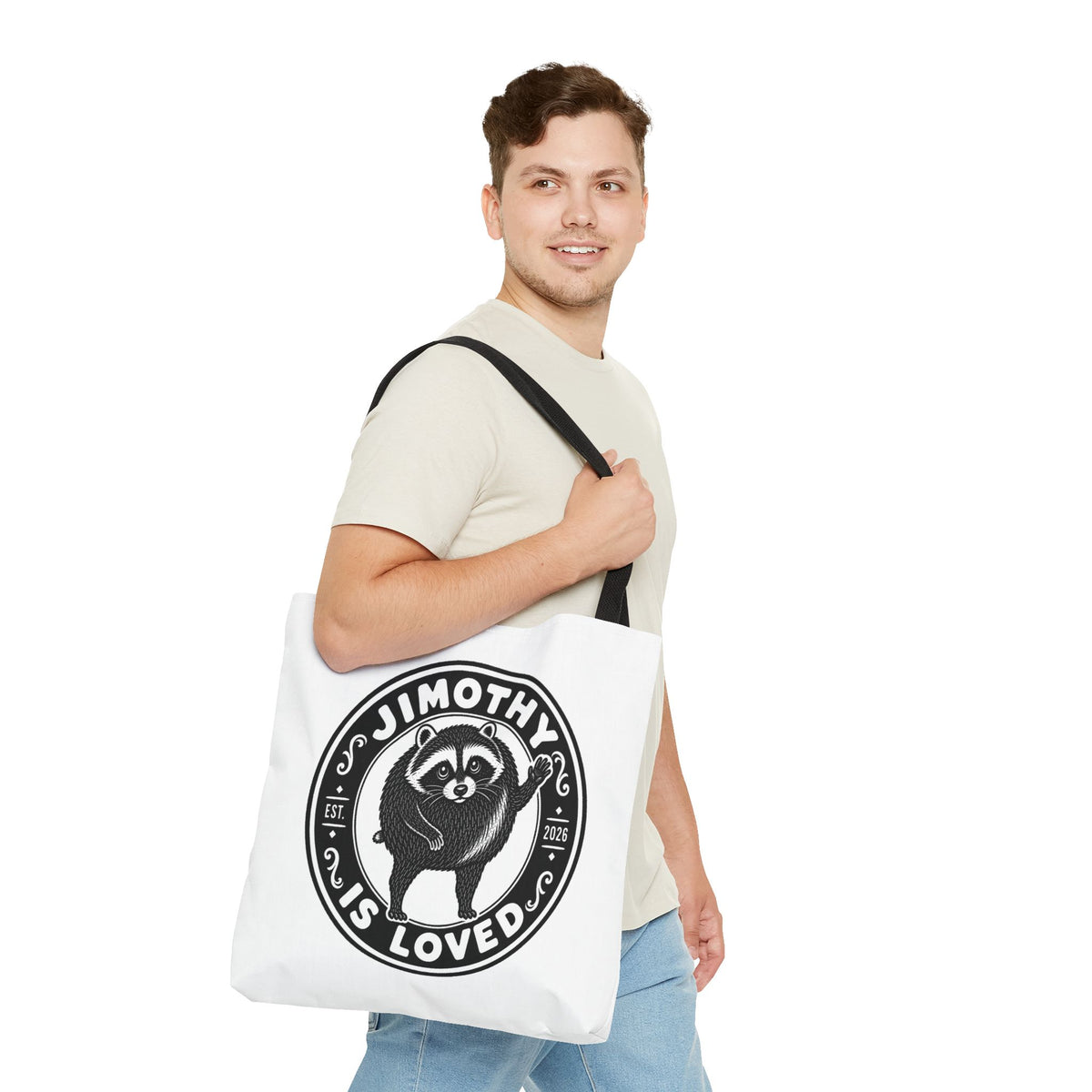 Personalized Raccoon Tote — "Jimothy Is Loved" Graphic Tote Bag