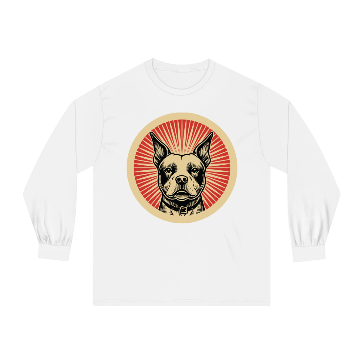 Staffordshire Bull Terrier badge art in a ring of red rays on a long-sleeve tee