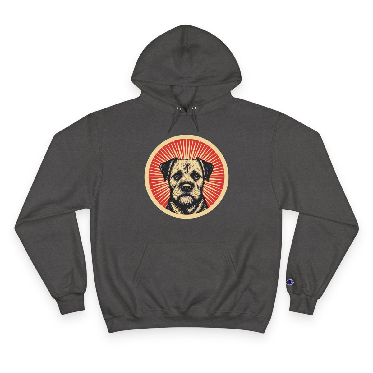 Border Terrier badge art in a ring of red rays on a champion hoodie