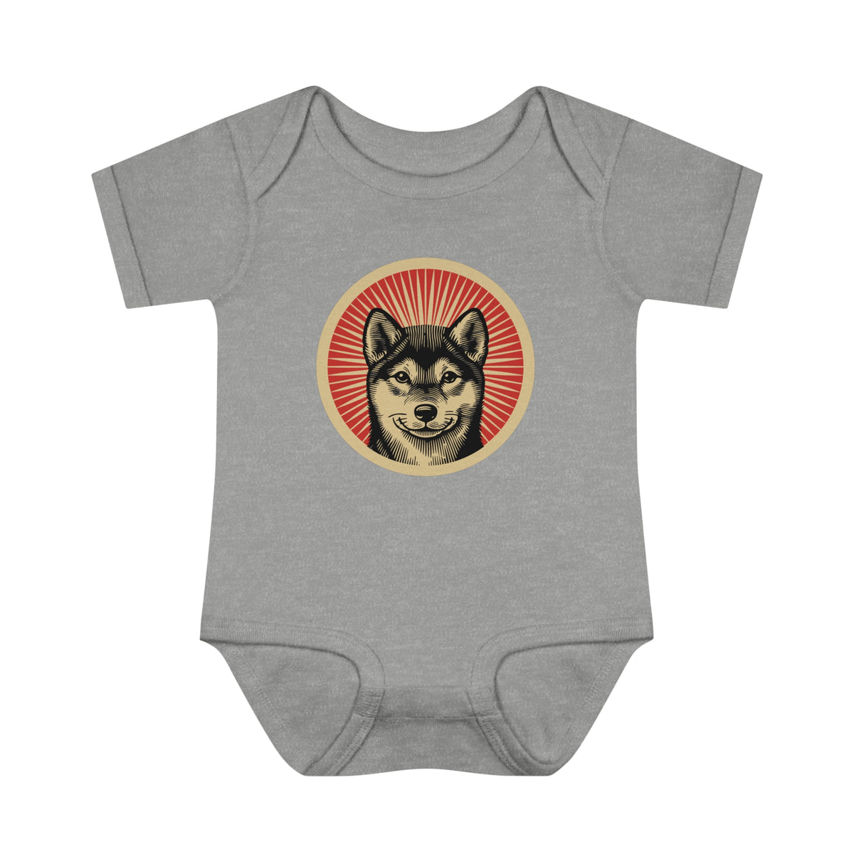 Shiba Inu badge art in a ring of red rays on a baby bodysuit