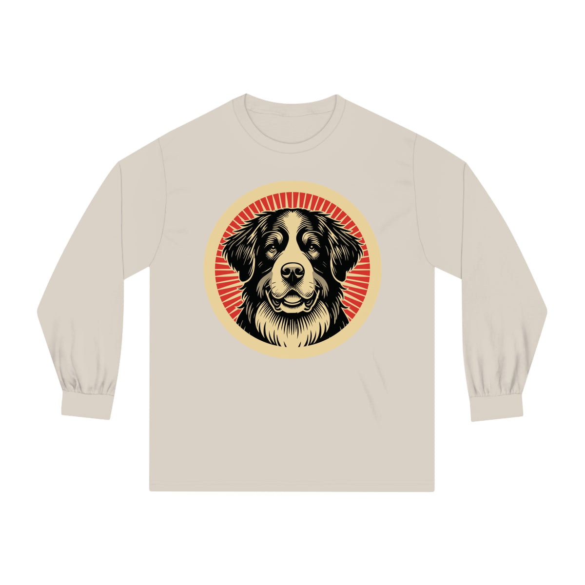 Bernese Mountain Dog badge art in a ring of red rays on a long-sleeve tee