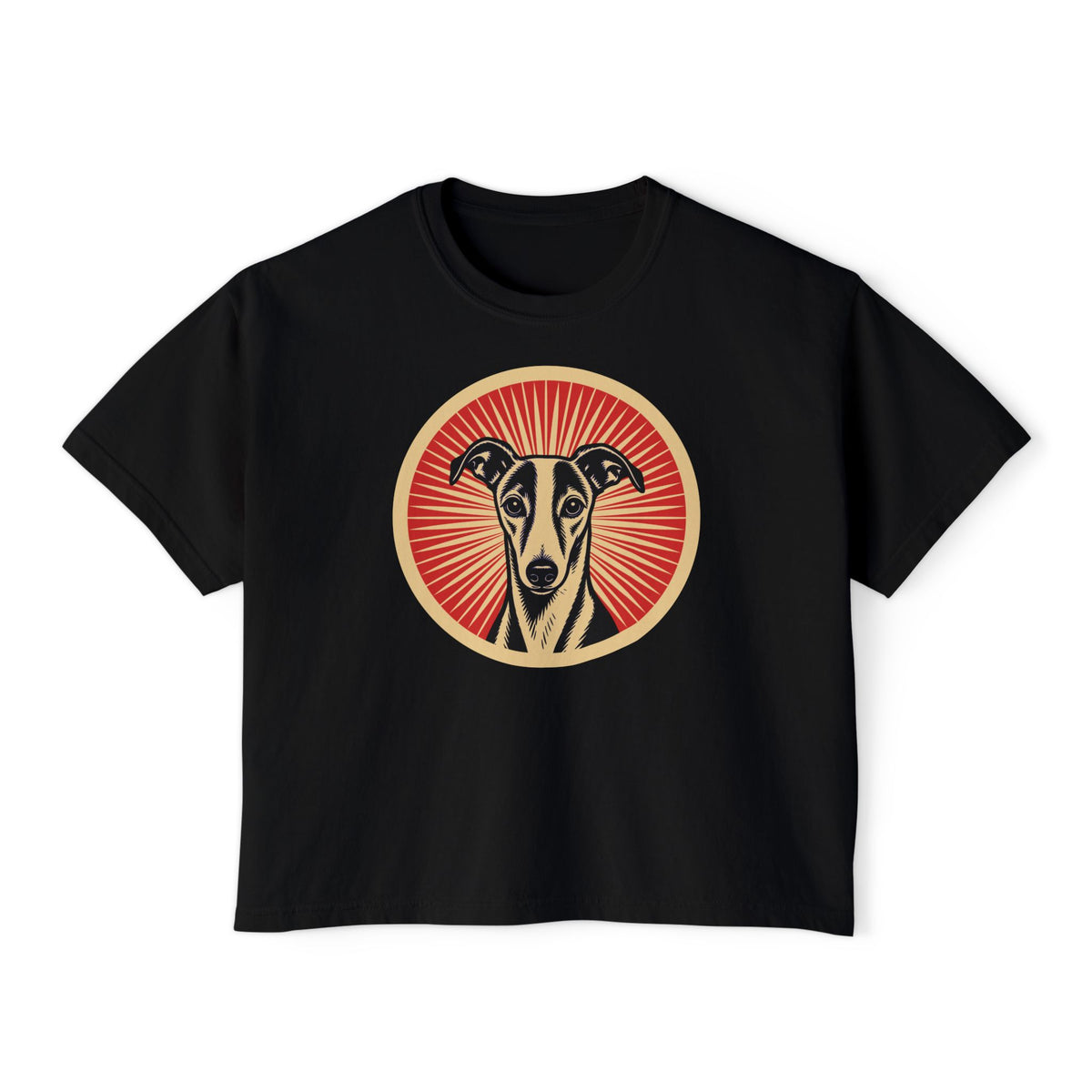 Whippet badge art in a ring of red rays on a boxy tee