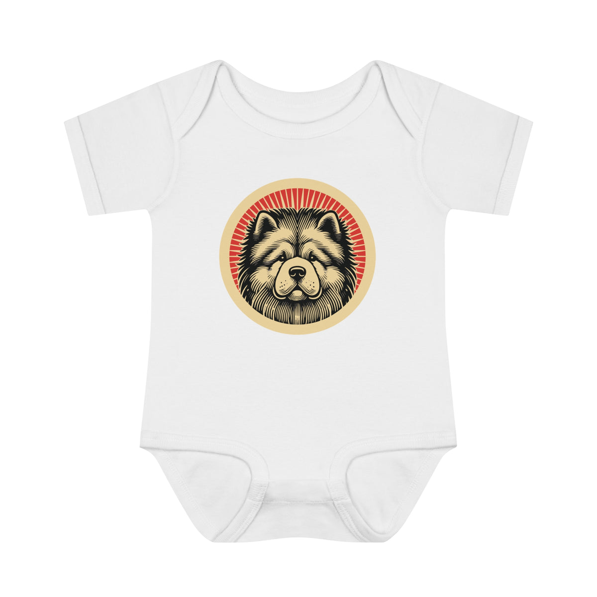 Chow Chow badge art in a ring of red rays on a baby bodysuit