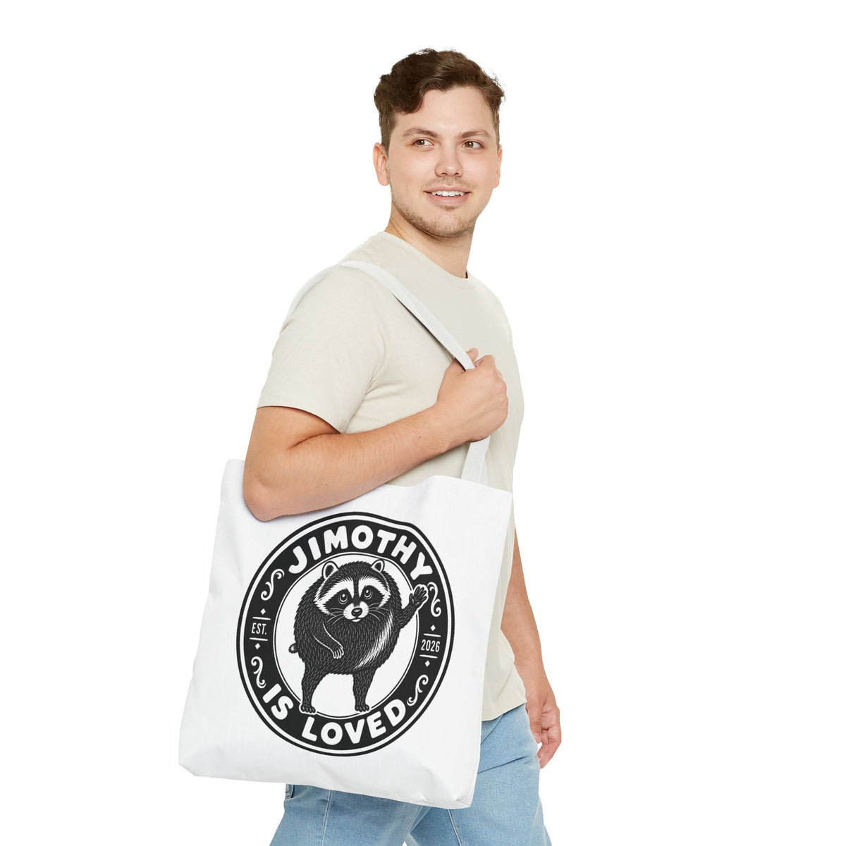 Personalized Raccoon Tote — "Jimothy Is Loved" Graphic Tote Bag