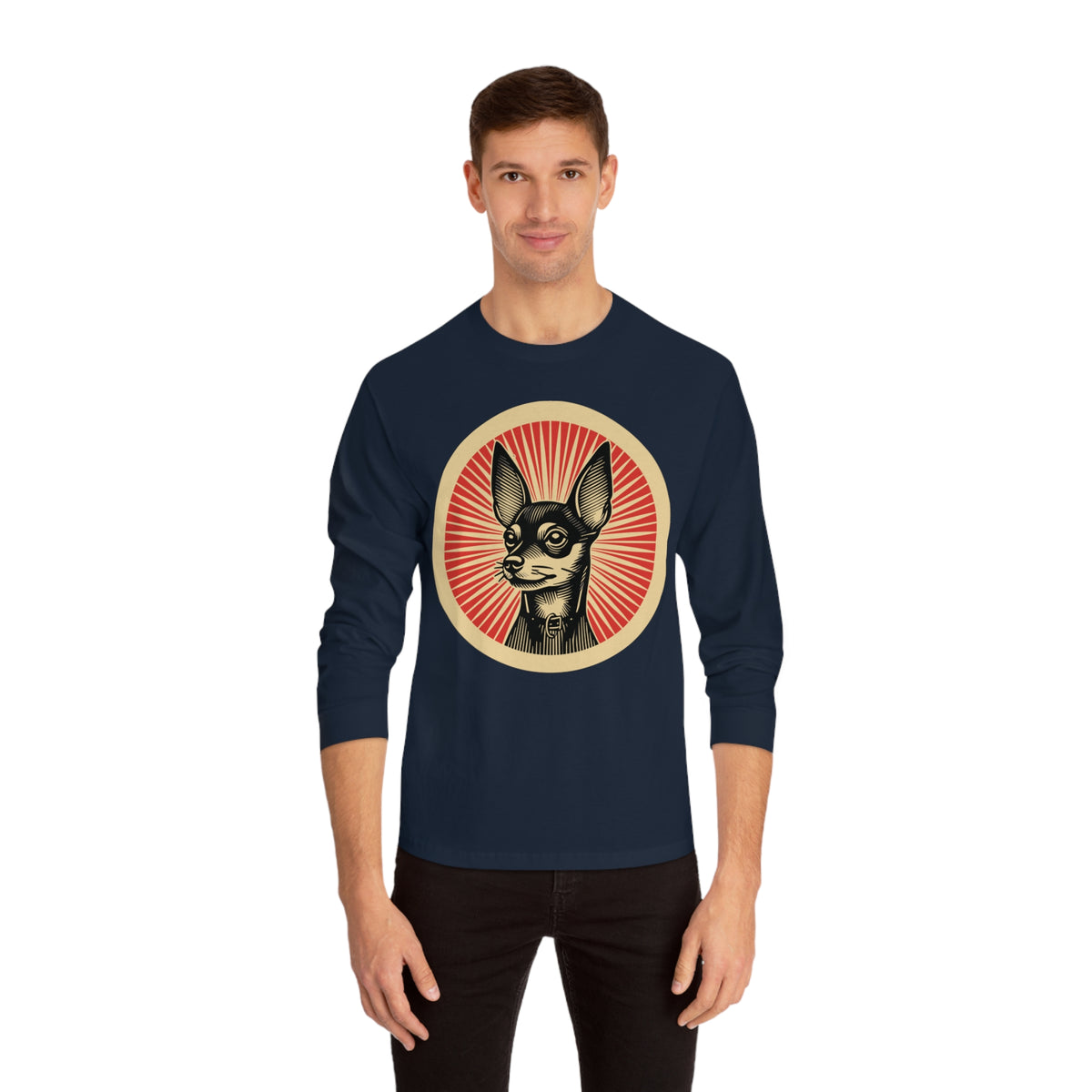 Miniature Pinscher badge art in a ring of red rays on a long-sleeve tee