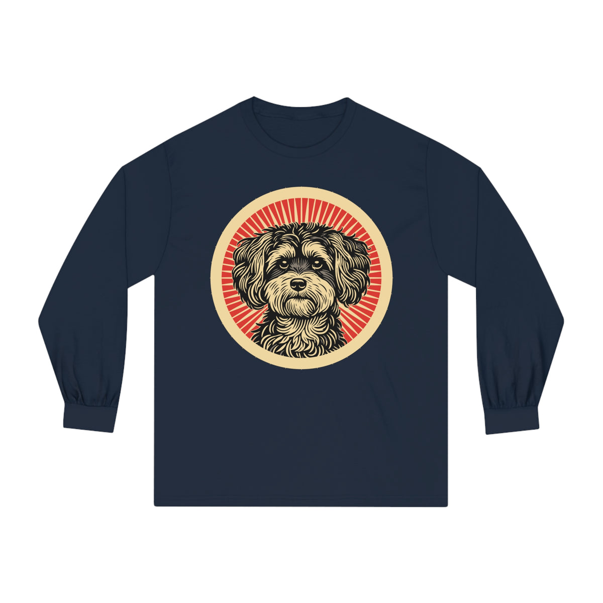 Maltipoo badge art in a ring of red rays on a long-sleeve tee