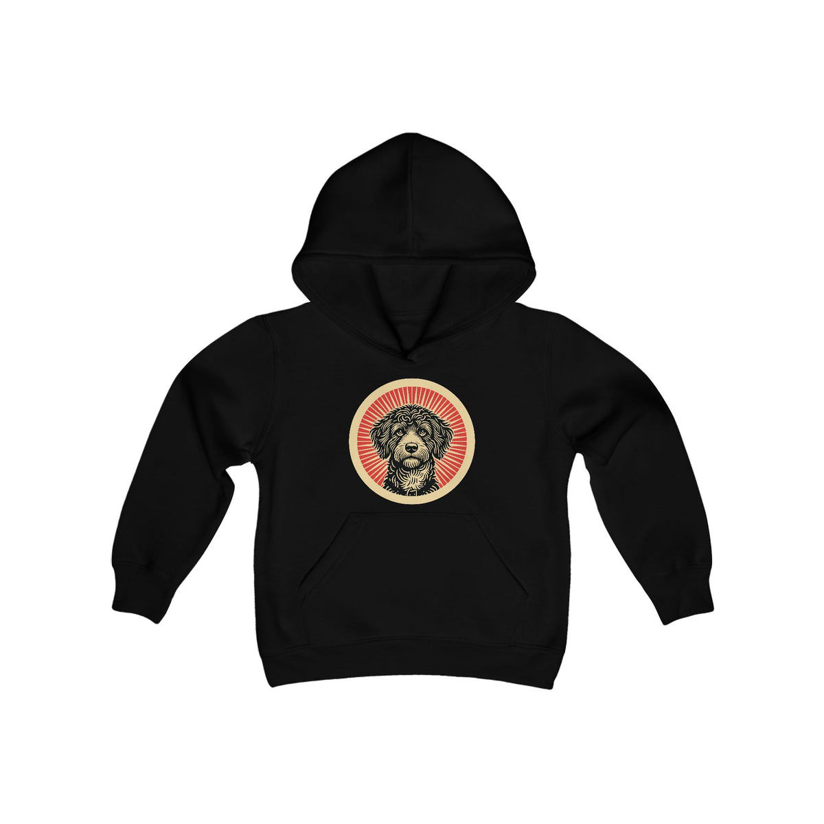Bordoodle badge art in a ring of red rays on a kids' hoodie