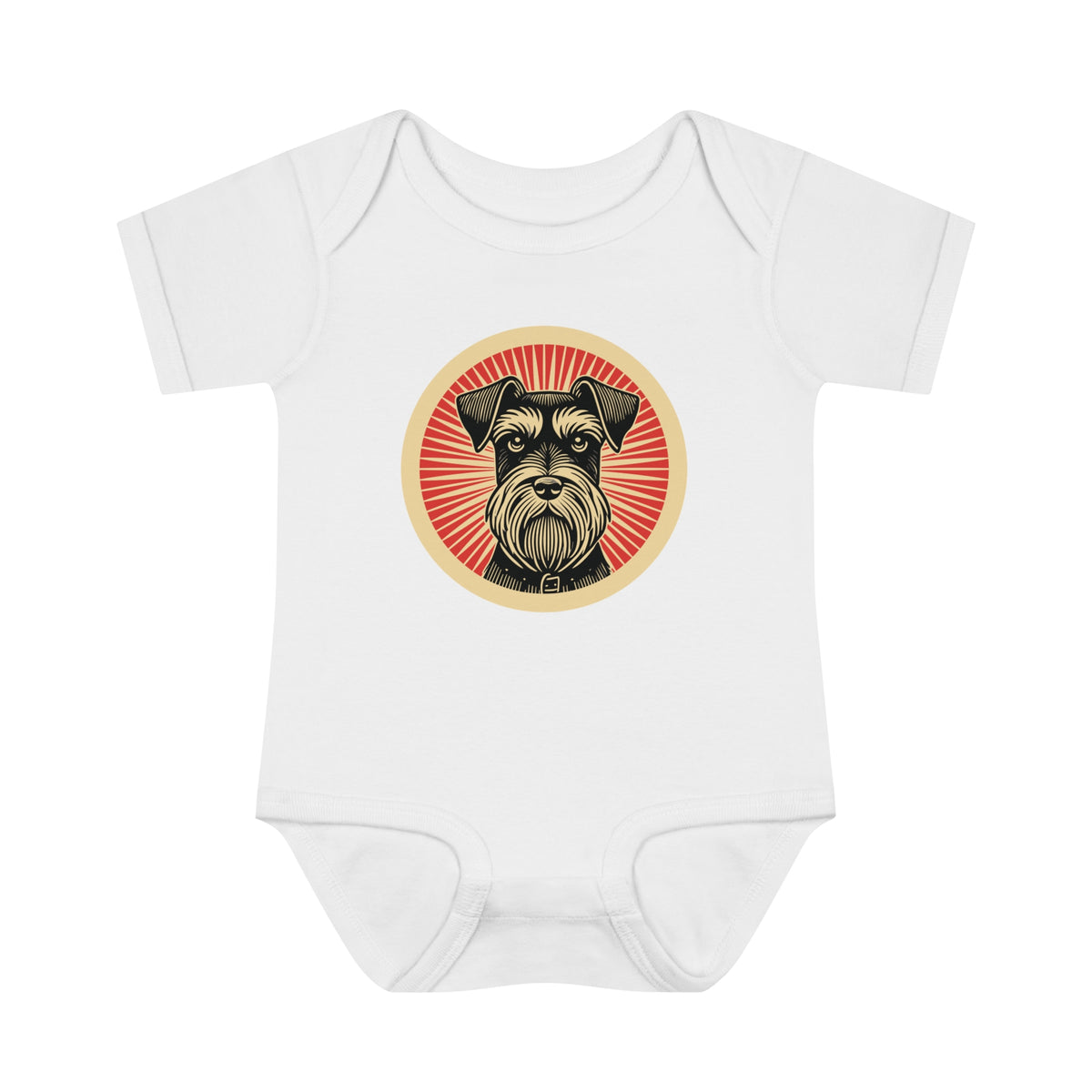 Miniature Schnauzer badge art in a ring of red rays on a baby bodysuit