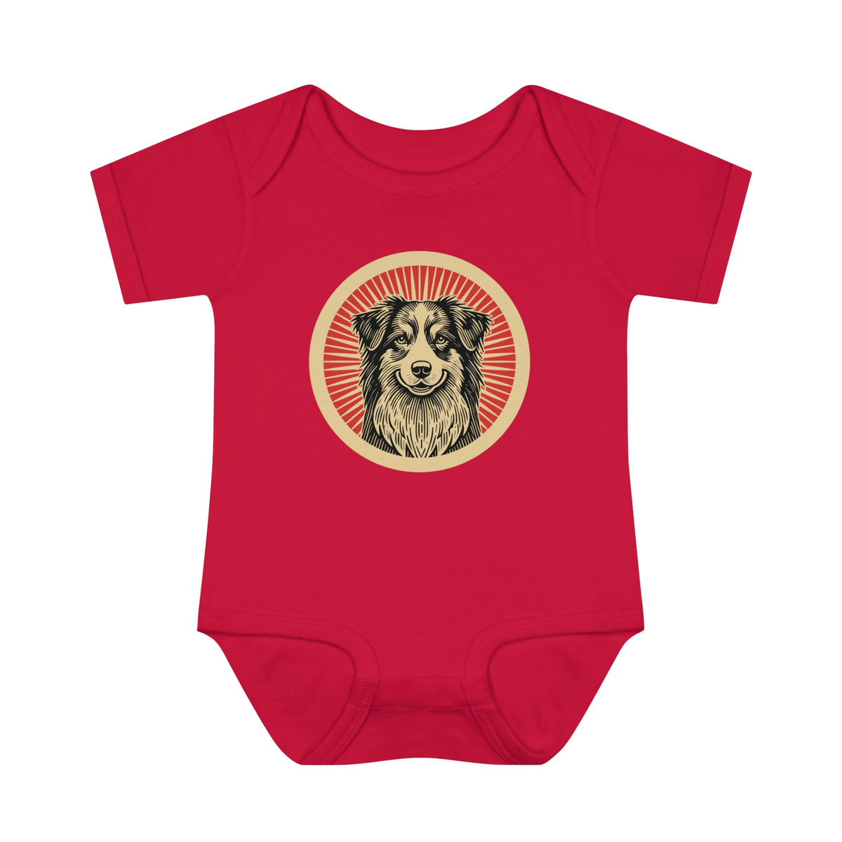 Australian Shepherd badge art in a ring of red rays on a baby bodysuit
