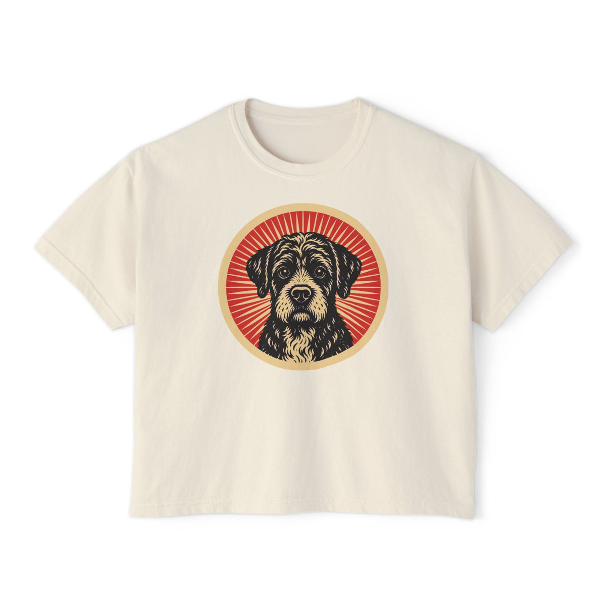 Boxerdoodle badge art in a ring of red rays on a boxy tee