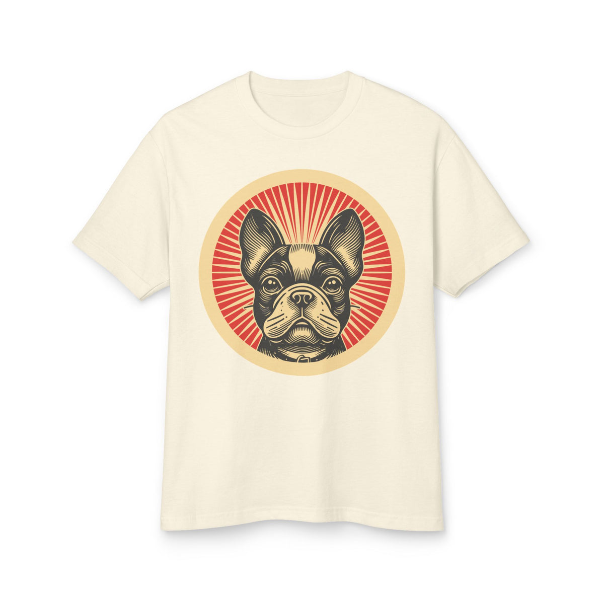 French Bulldog badge art in a ring of red rays on a heavyweight tee