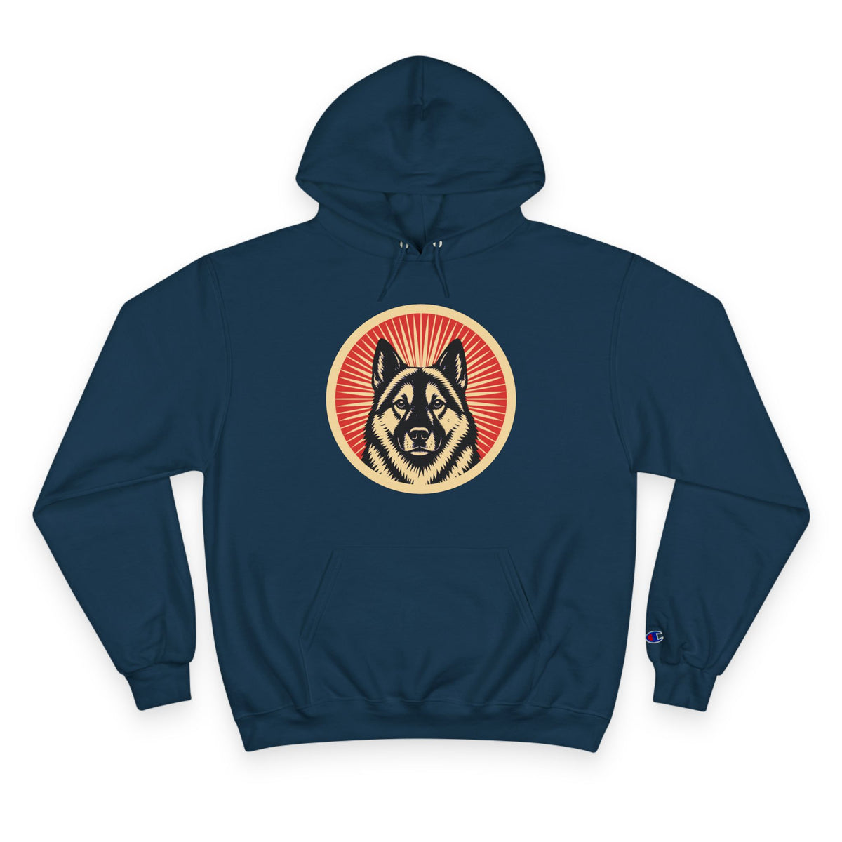 Norwegian Elkhound badge art in a ring of red rays on a champion hoodie