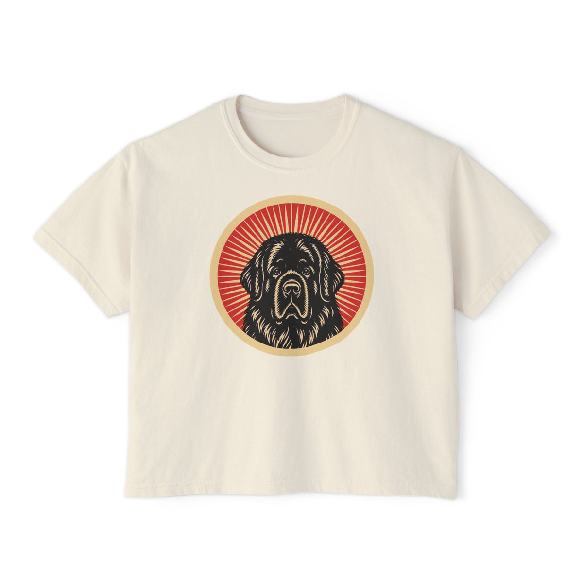Newfoundland badge art in a ring of red rays on a boxy tee