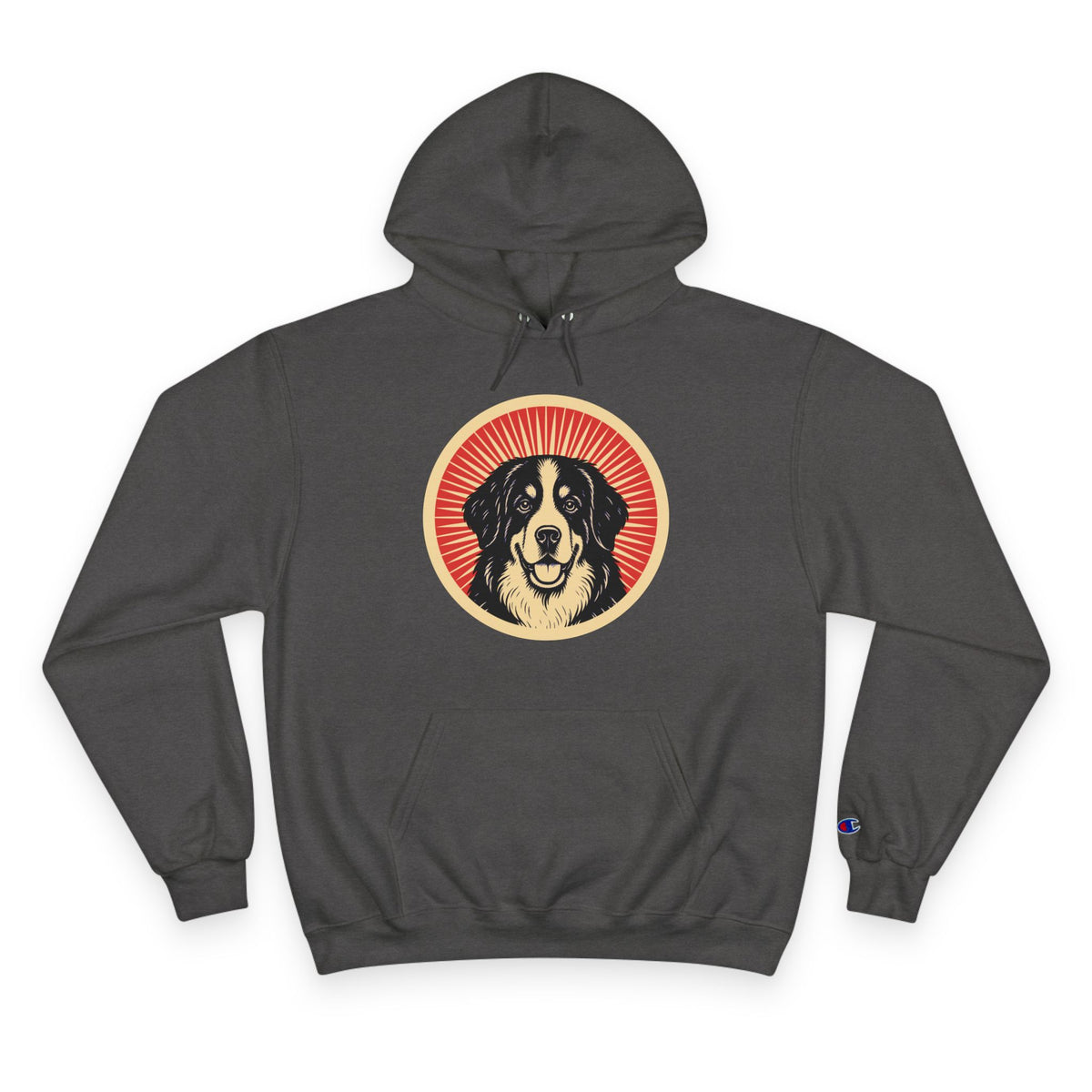 Bernese Mountain Dog badge art in a ring of red rays on a champion hoodie