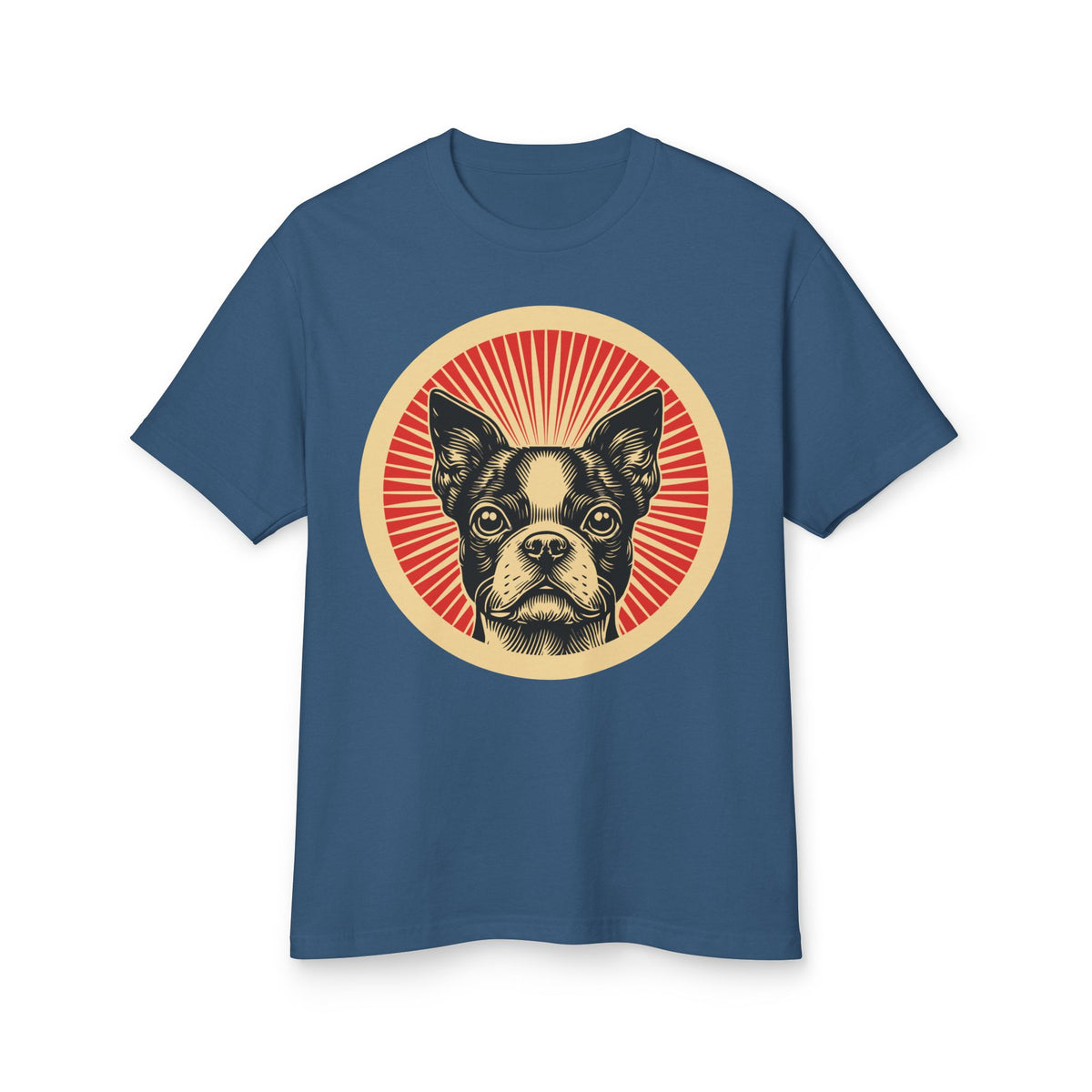 Boston Terrier badge art in a ring of red rays on a heavyweight tee