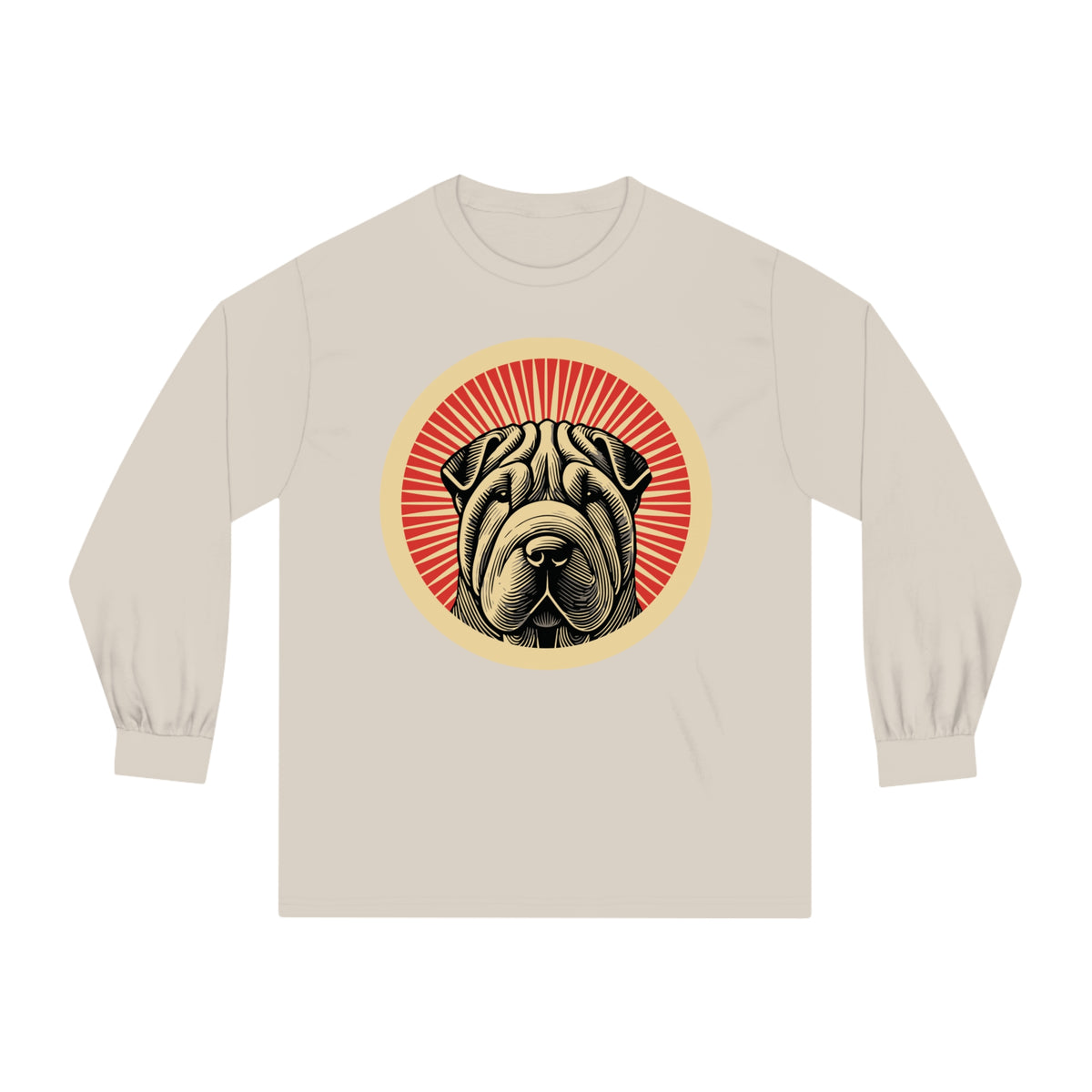 Chinese Shar-Pei badge art in a ring of red rays on a long-sleeve tee