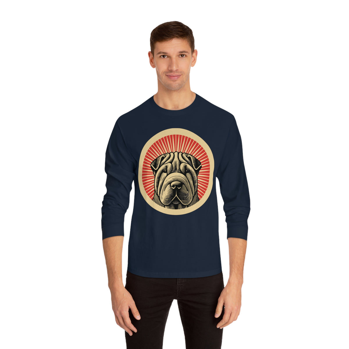 Chinese Shar-Pei badge art in a ring of red rays on a long-sleeve tee