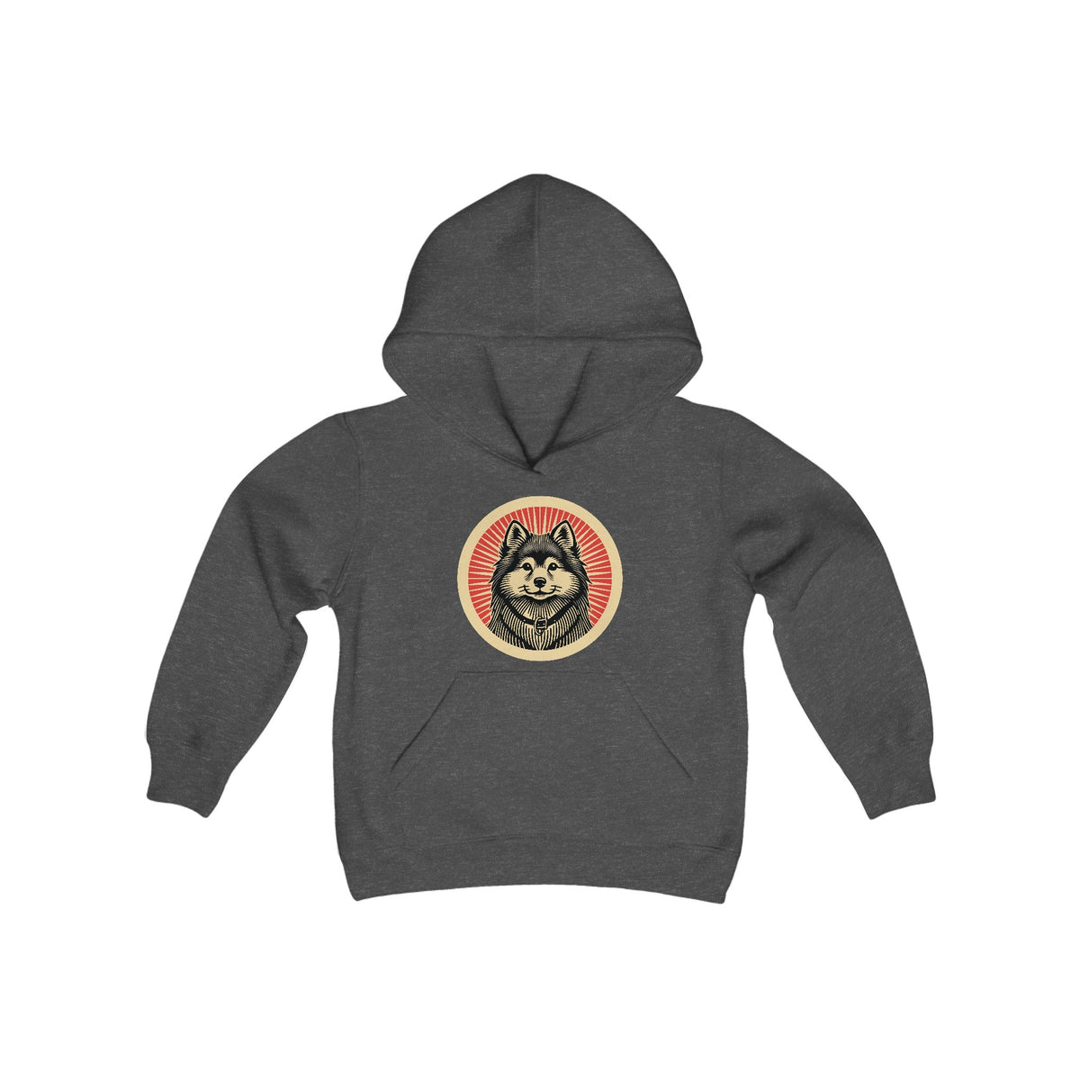 Finnish Spitz badge art in a ring of red rays on a kids' hoodie
