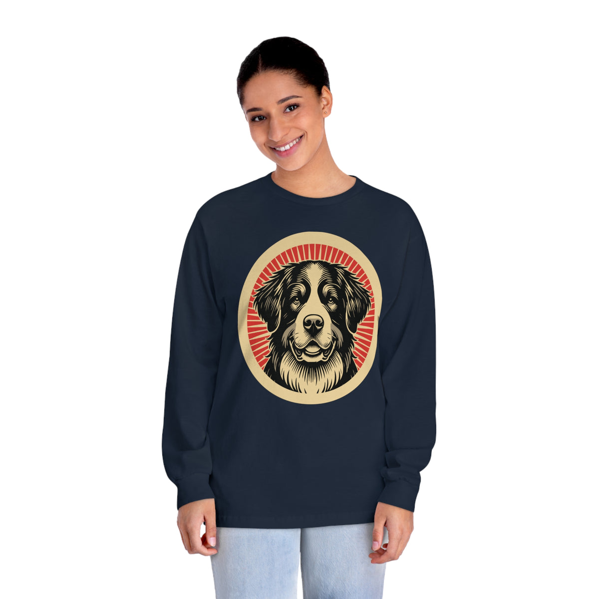 Bernese Mountain Dog badge art in a ring of red rays on a long-sleeve tee