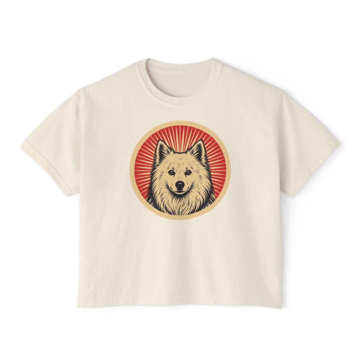 American Eskimo Dog badge art in a ring of red rays on a boxy tee