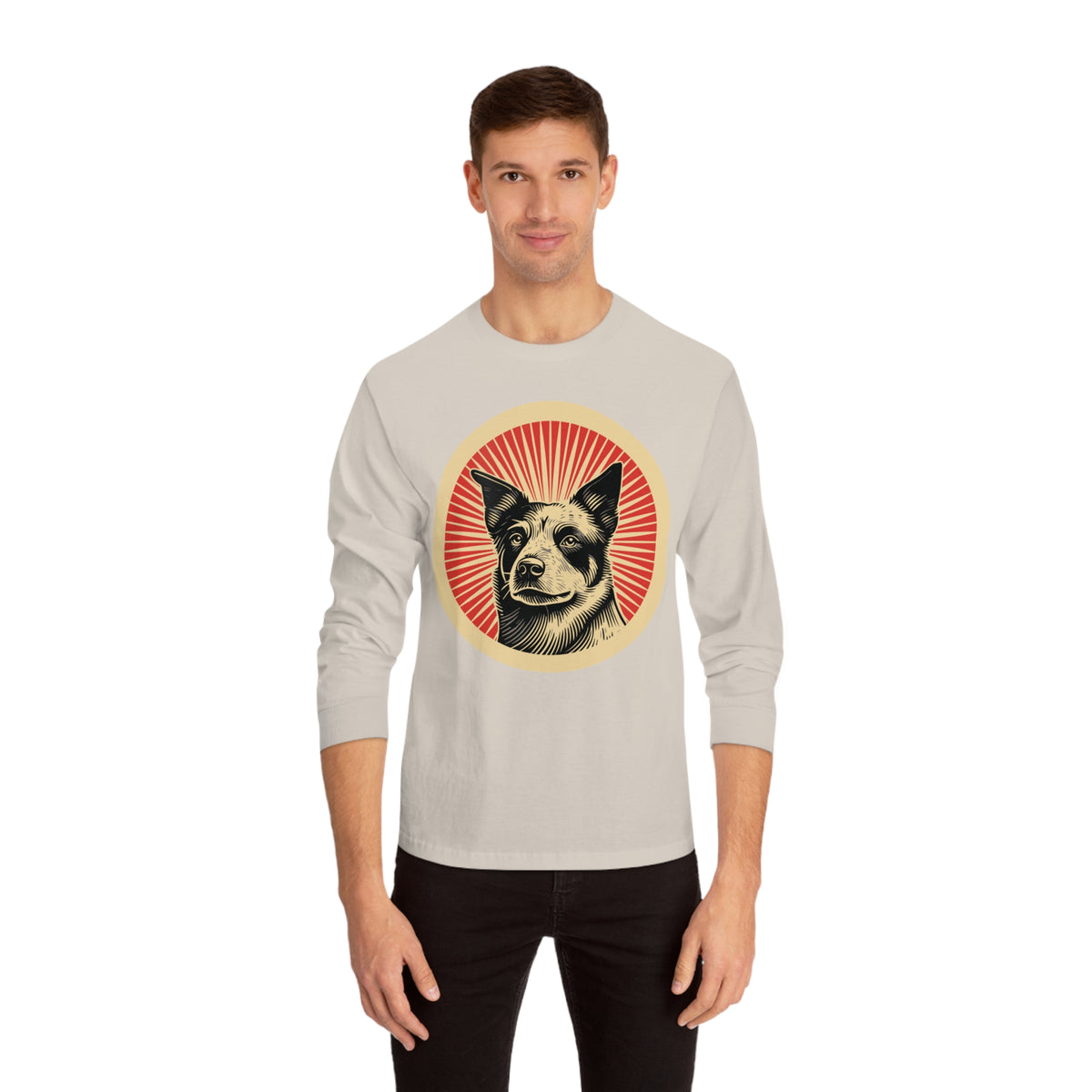 Australian Cattle Dog badge art in a ring of red rays on a long-sleeve tee