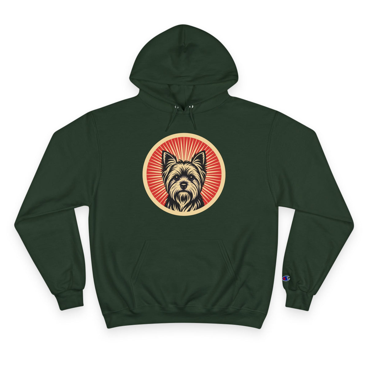 Yorkshire Terrier badge art in a ring of red rays on a champion hoodie