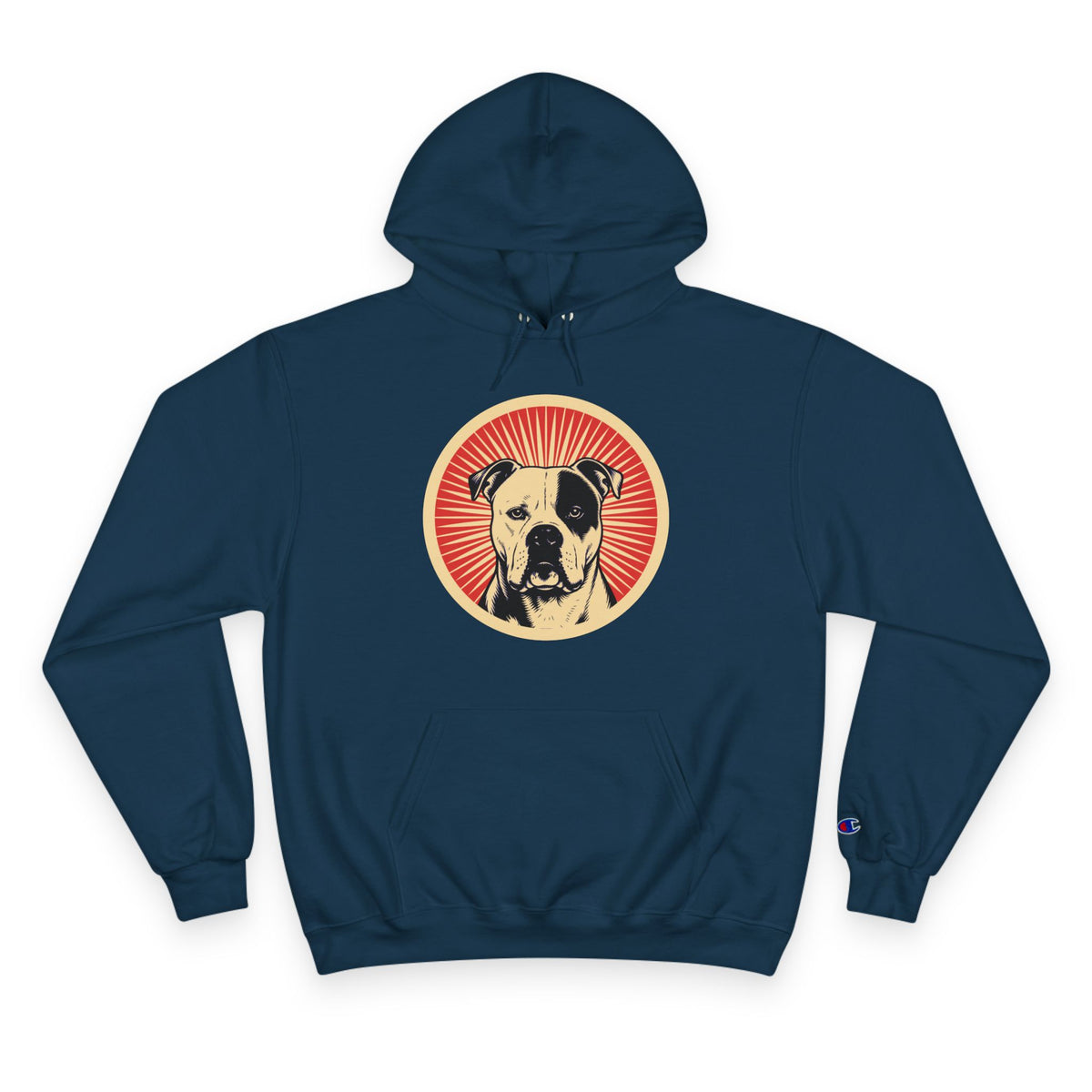 American Bulldog badge art in a ring of red rays on a champion hoodie
