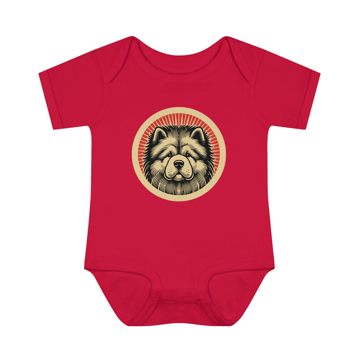 Chow Chow badge art in a ring of red rays on a baby bodysuit