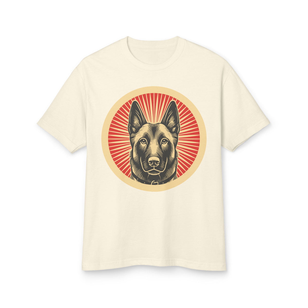 Belgian Malinois badge art in a ring of red rays on a heavyweight tee
