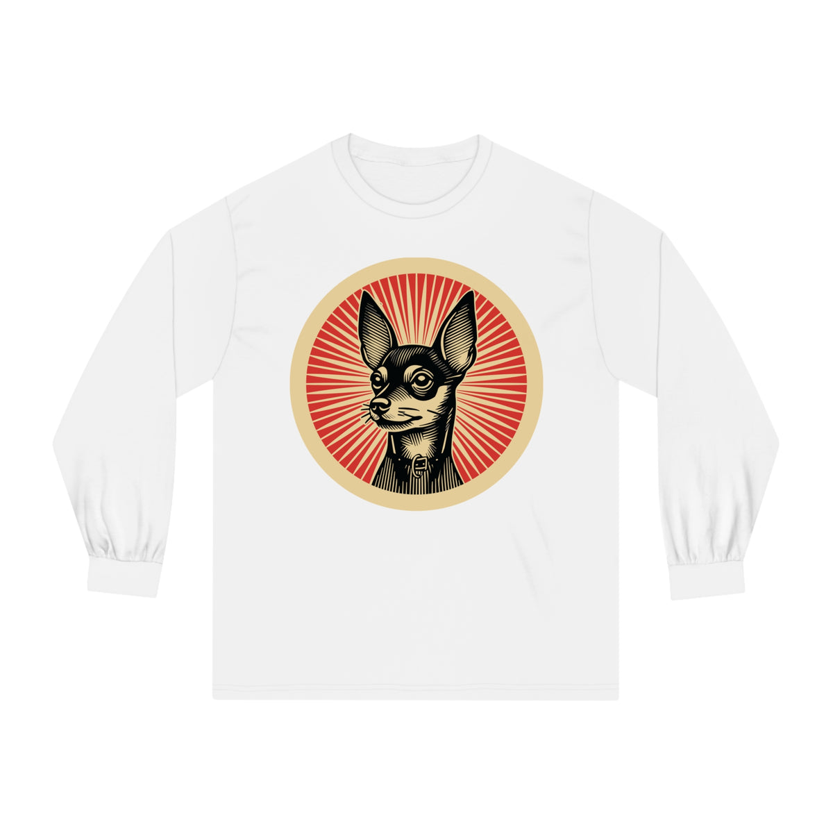 Miniature Pinscher badge art in a ring of red rays on a long-sleeve tee