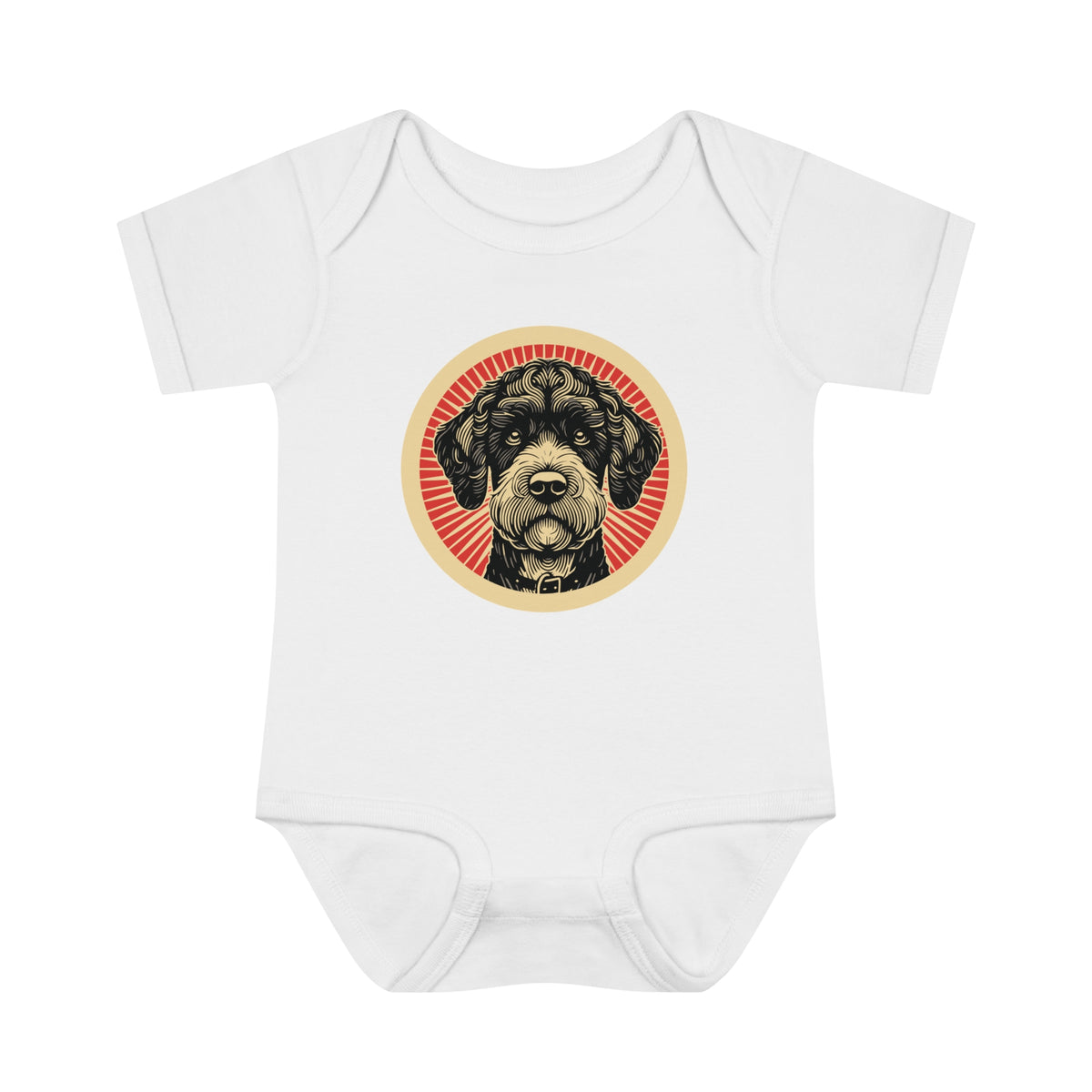 Boxerdoodle badge art in a ring of red rays on a baby bodysuit