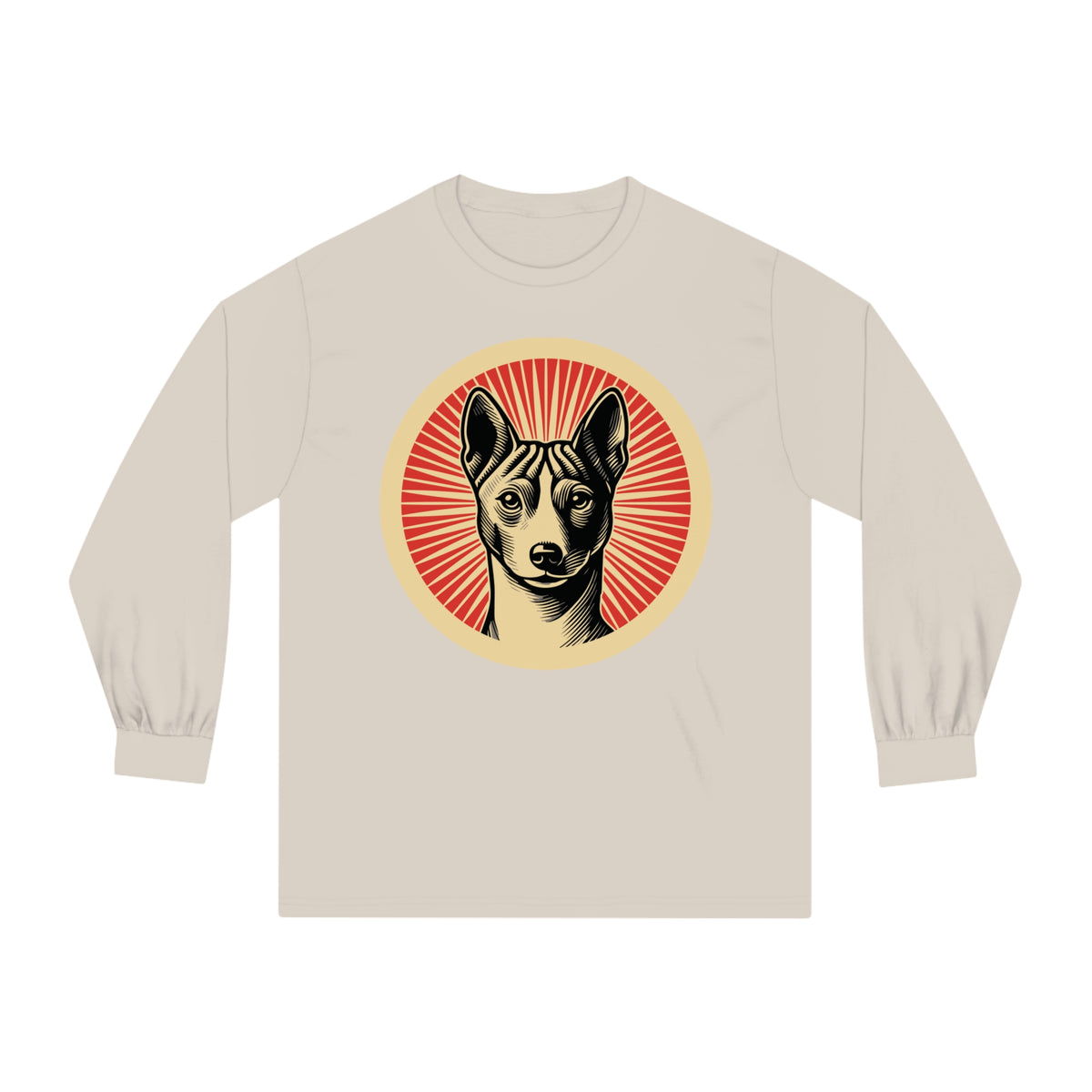 Basenji badge art in a ring of red rays on a long-sleeve tee