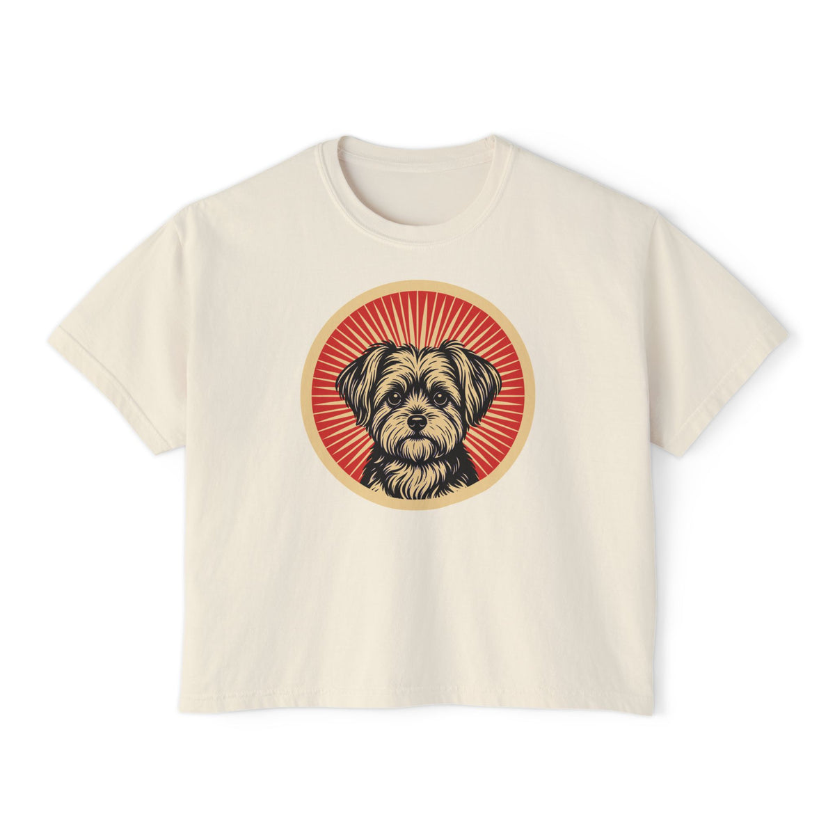 Morkie badge art in a ring of red rays on a boxy tee