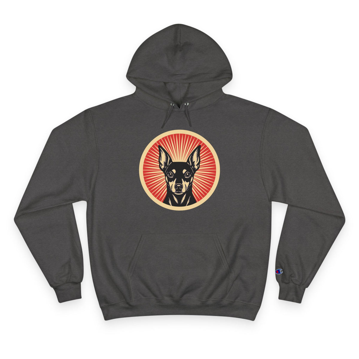 Miniature Pinscher badge art in a ring of red rays on a champion hoodie