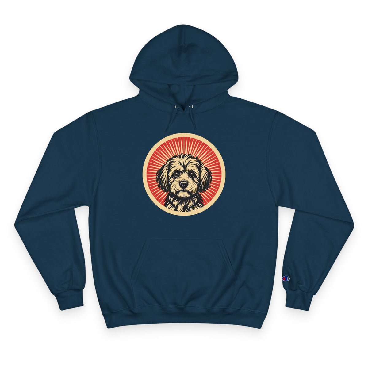 Yorkipoo badge art in a ring of red rays on a champion hoodie