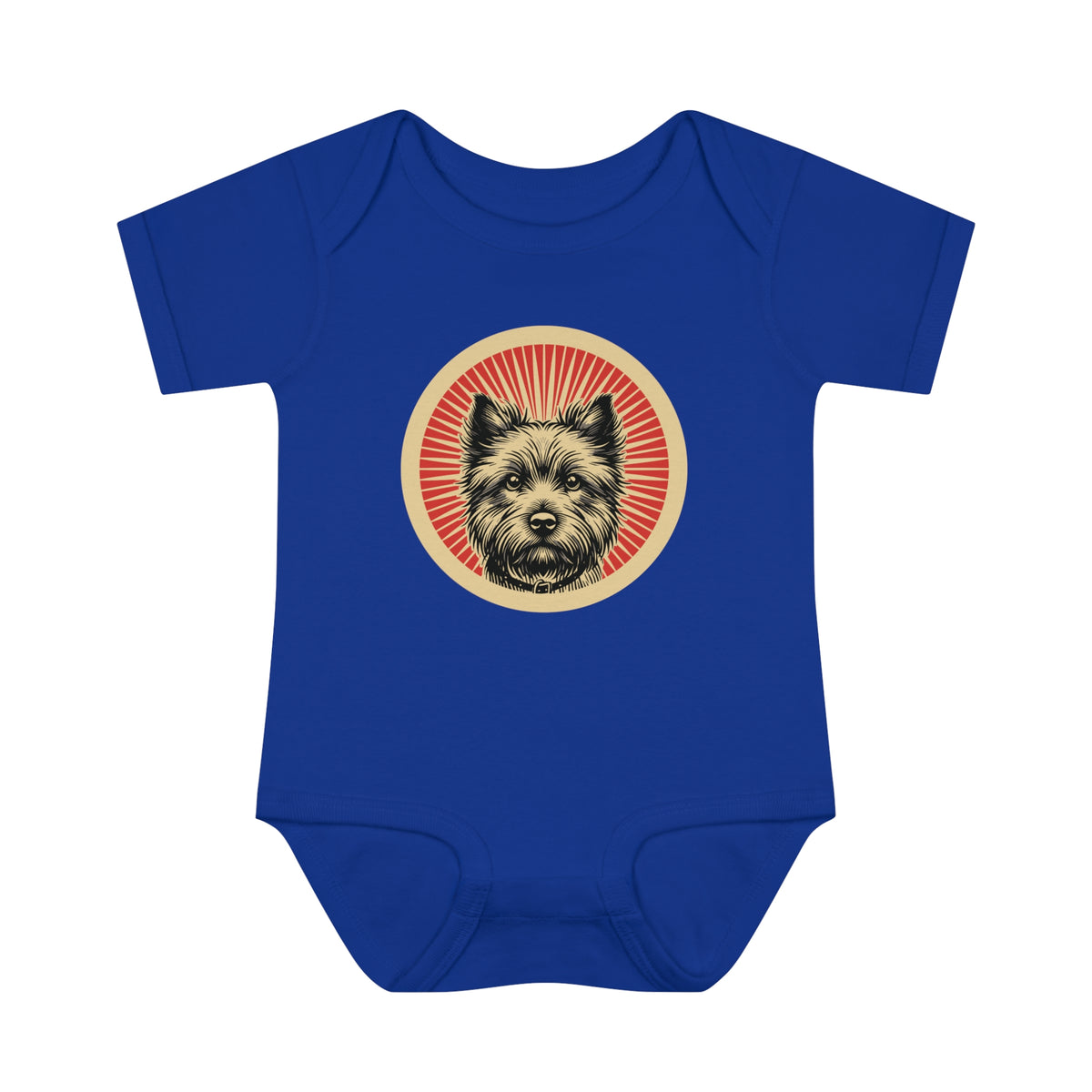 Cairn Terrier badge art in a ring of red rays on a baby bodysuit