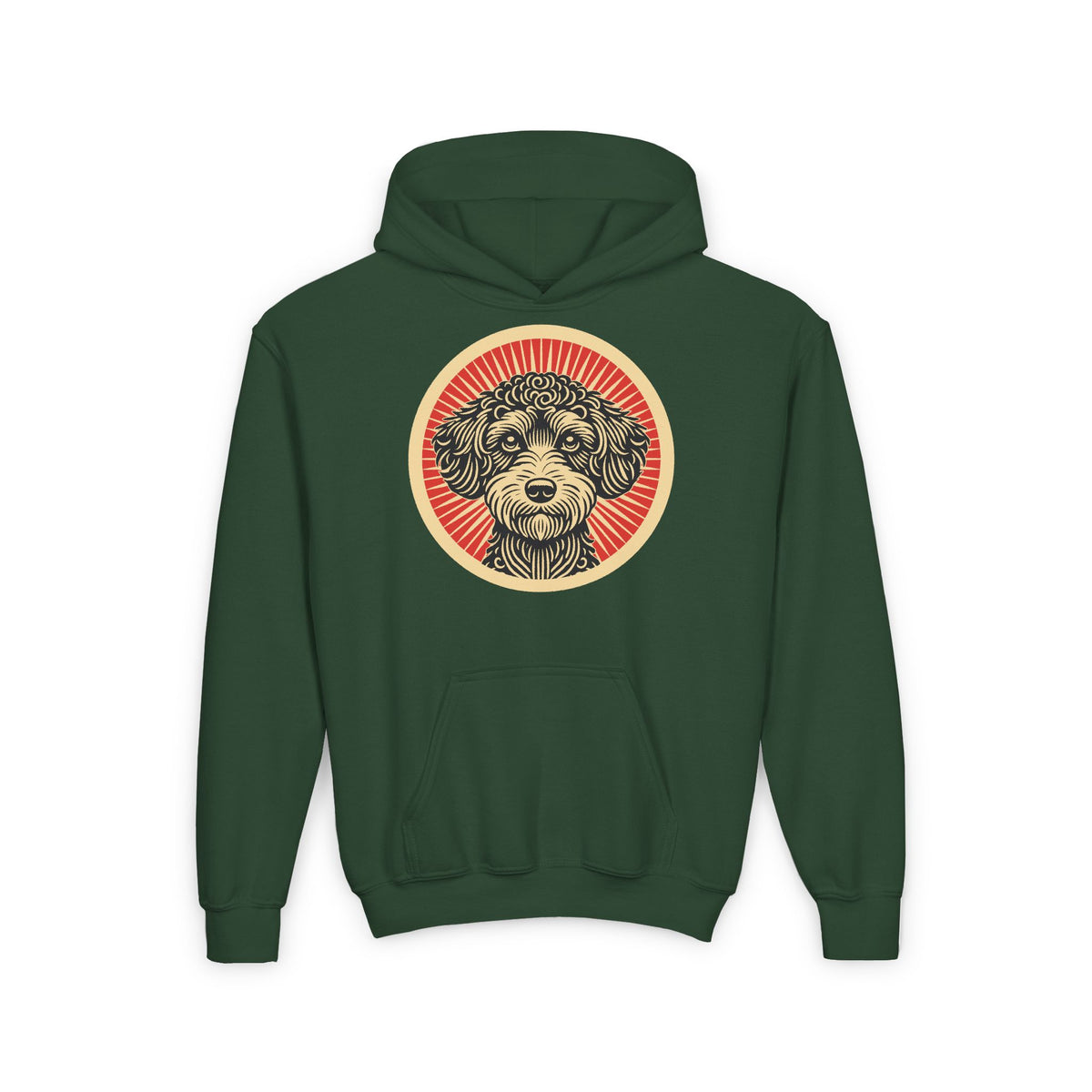 Schnoodle badge art in a ring of red rays on a kids' hoodie
